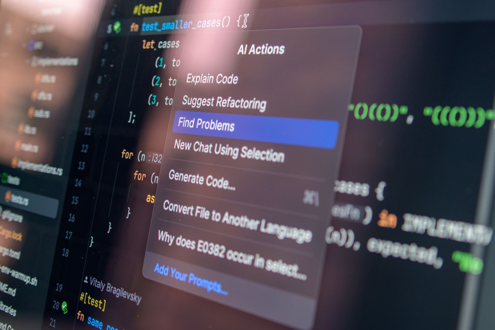 A code editor with an AI actions menu open over the source, offering Explain Code, Suggest Refactoring, Find Problems and Generate Code.